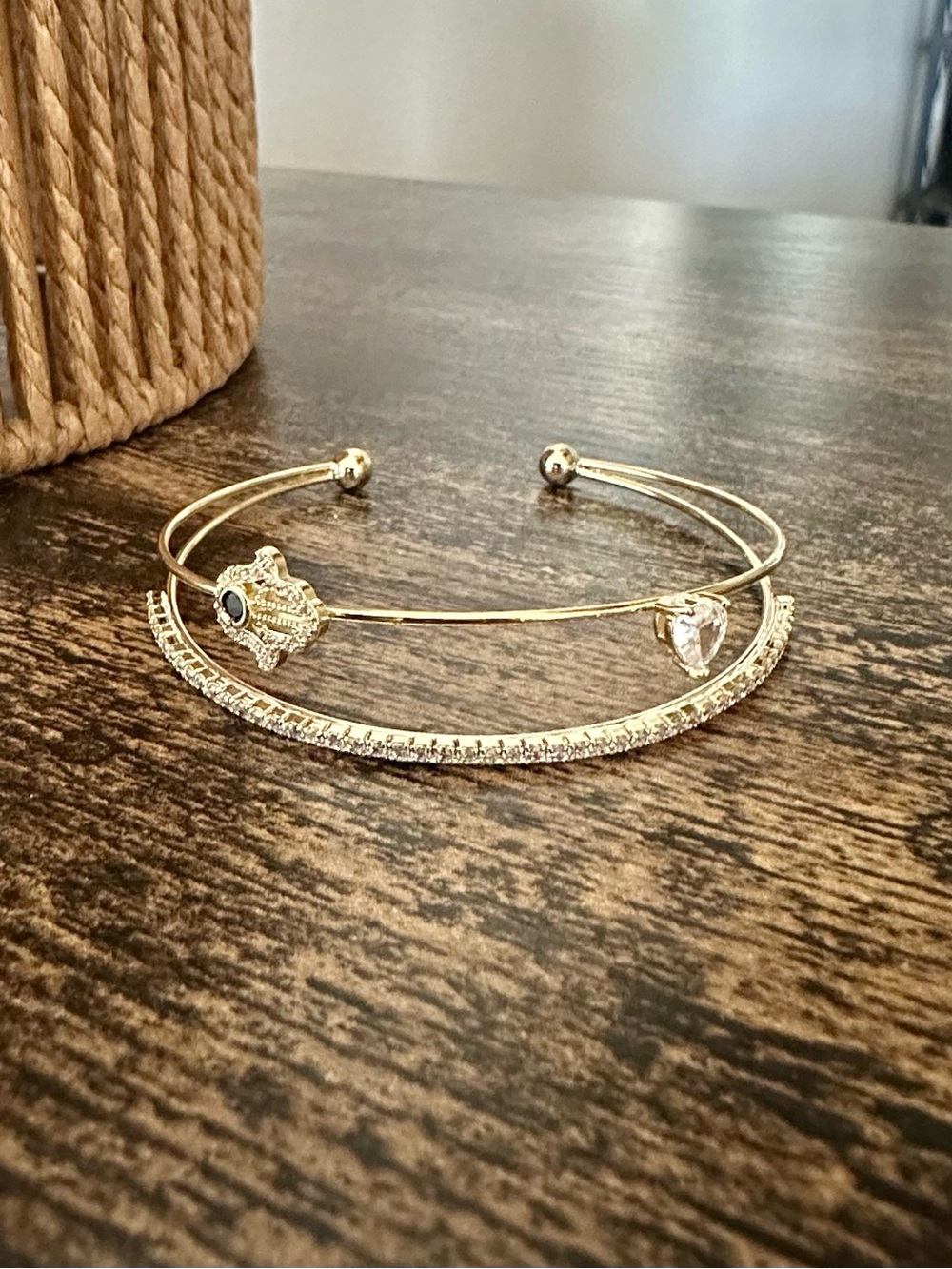 Double-Band Hamsa Hand, Heart and Pavé Row Cuff Bracelet